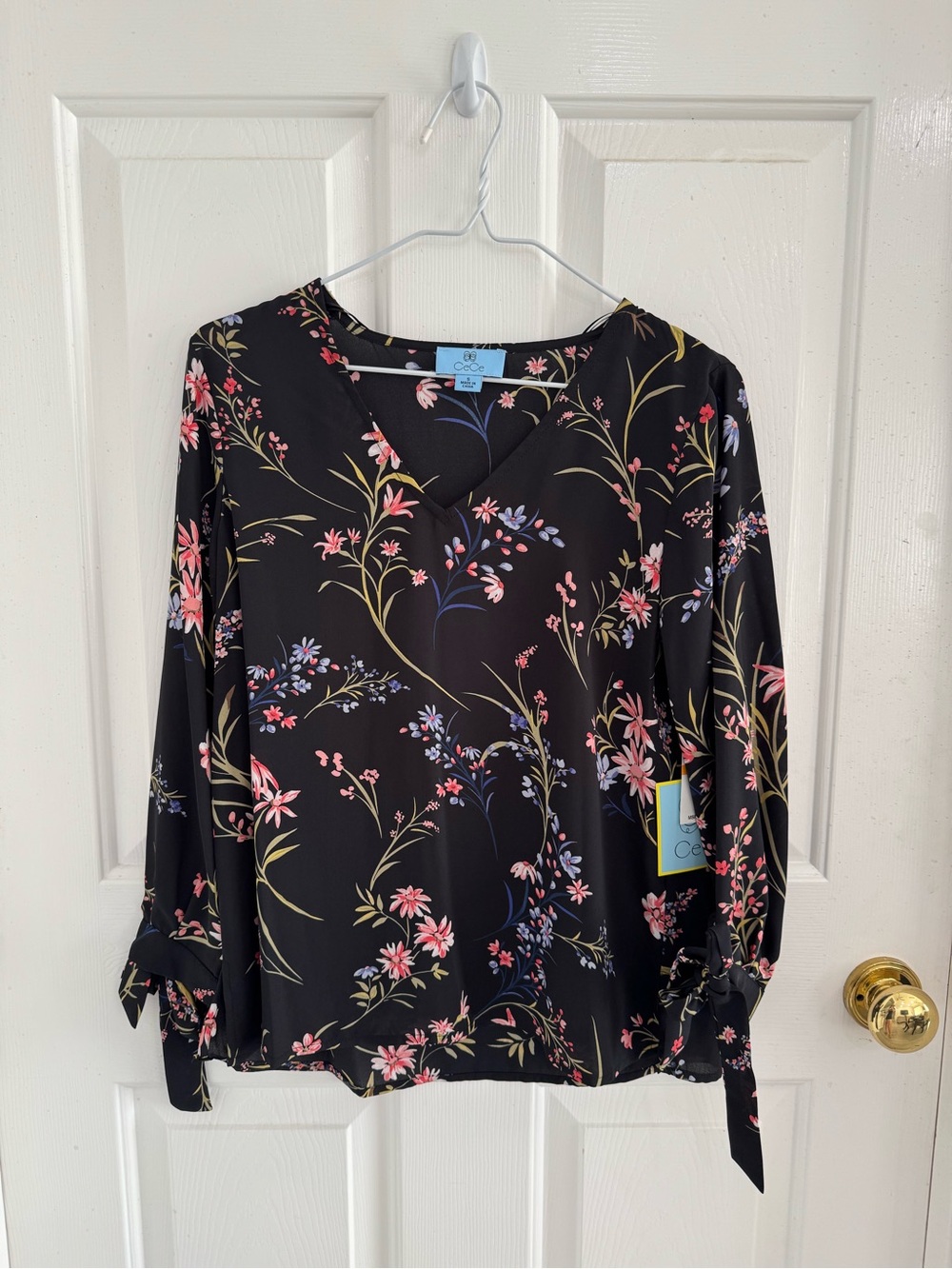 CeCe Black Floral V-Neck Tie-Sleeve Blouse with Pink & Lavender Blooms